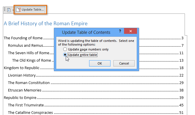 toc update - Table of Content in MS Word 2013