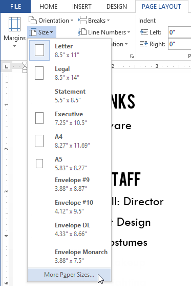 custom size - How to Use Page Setup option in MS Word