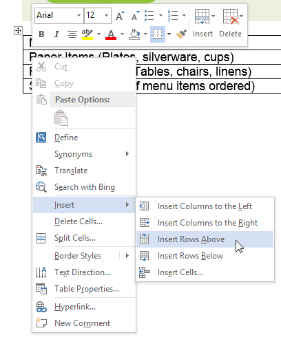 table add row insert row - Working with Table in MS Word