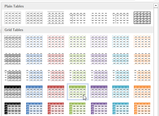 table apply style select - Working with Table in MS Word