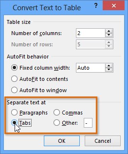 table convert text dialog - Convert text to a table or a table to text in MS Word