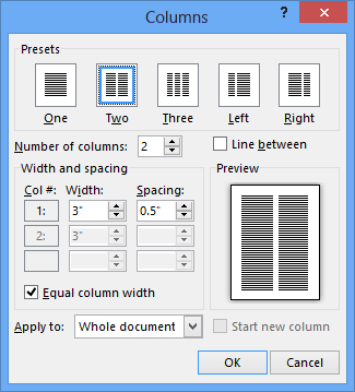 width and specing - How to Insert Column in MS Word 2013