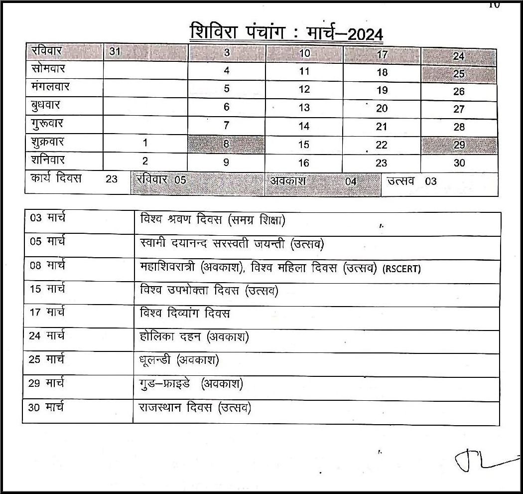Shivira Panchang March 2024 - Rajasthan Shivira Panchang 2023-24